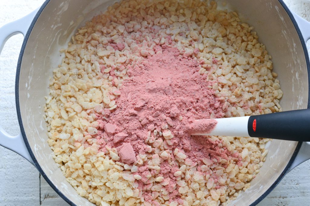 rice krispies cereal and strawberry powder added to the marshmallows