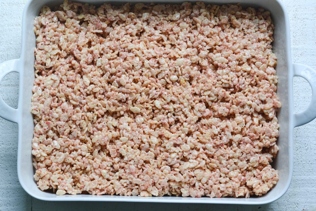 Strawberry Rice Krispies Treats in a baking dish