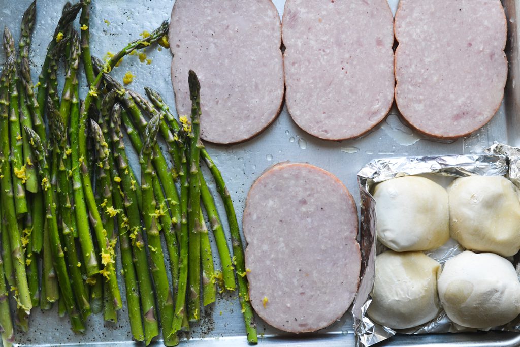 asparagus, ham, and rolls